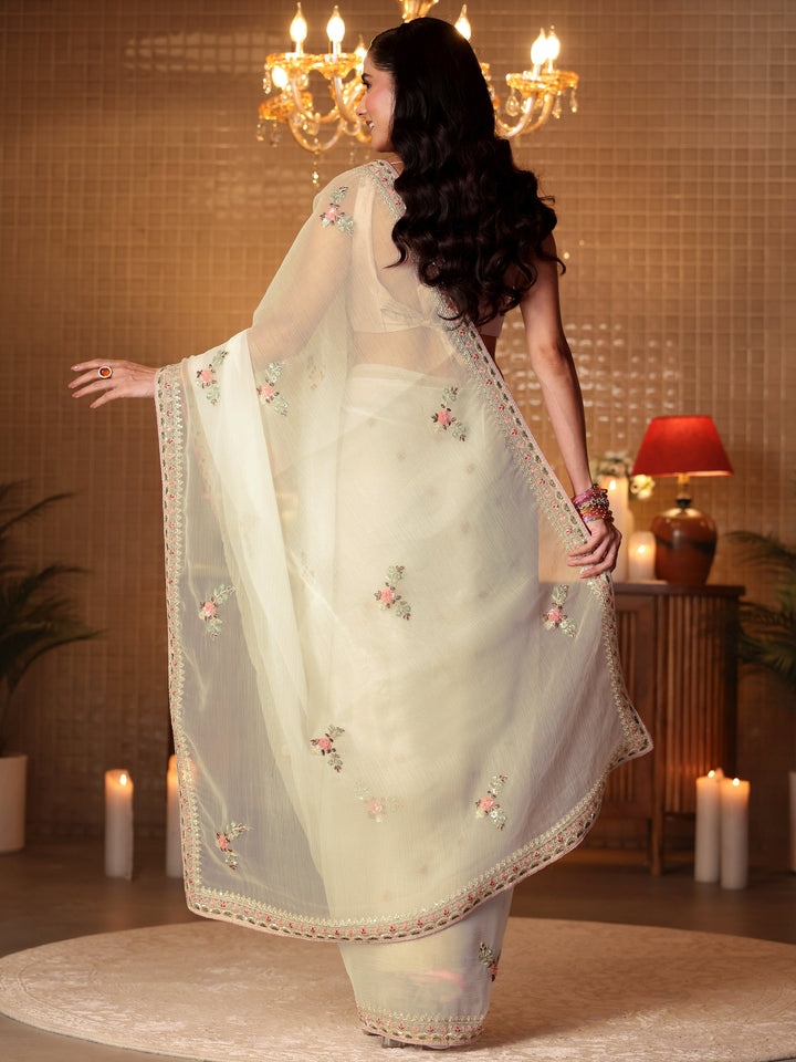 Libas Cream Floral Embroidered Silk Blend Saree