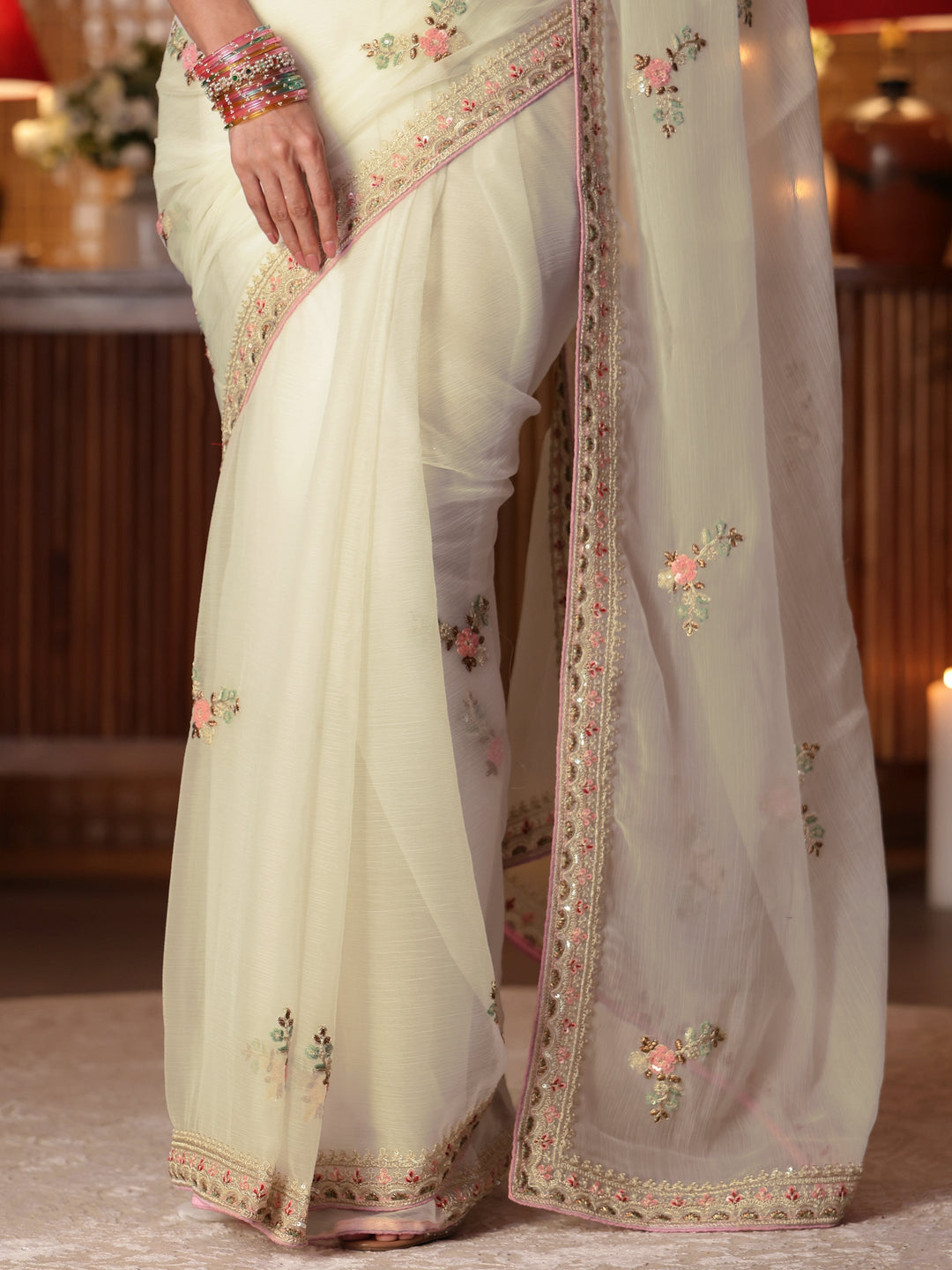 Libas Cream Floral Embroidered Silk Blend Saree
