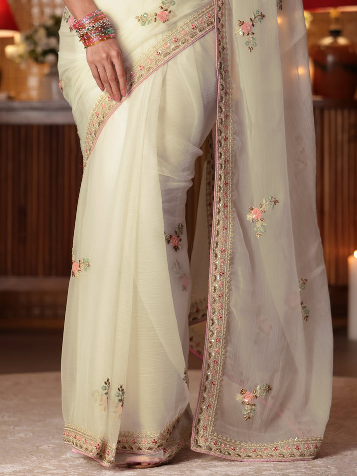 Libas Cream Floral Embroidered Silk Blend Saree