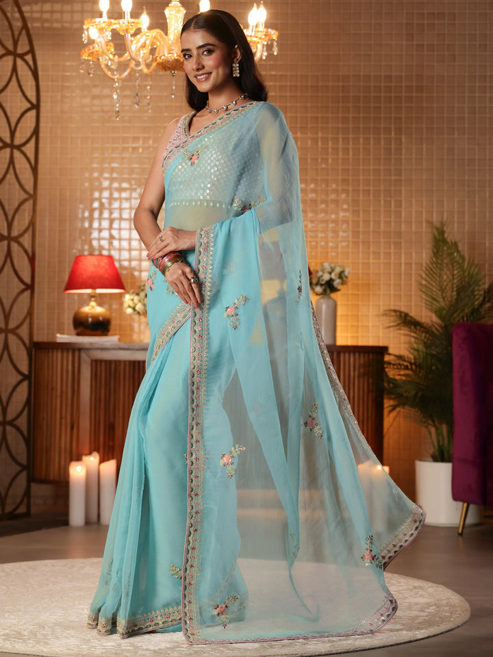 Libas Blue Floral Embroidered Silk Blend Saree