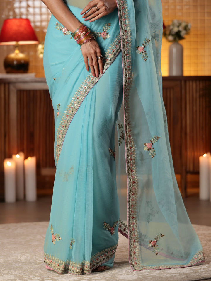 Libas Blue Floral Embroidered Silk Blend Saree