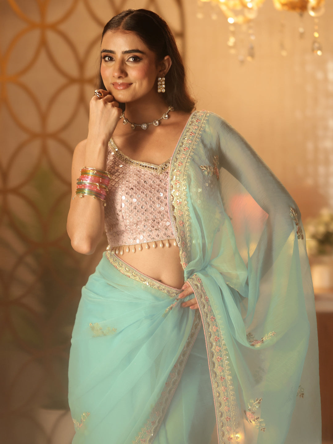 Libas Blue Floral Embroidered Silk Blend Saree