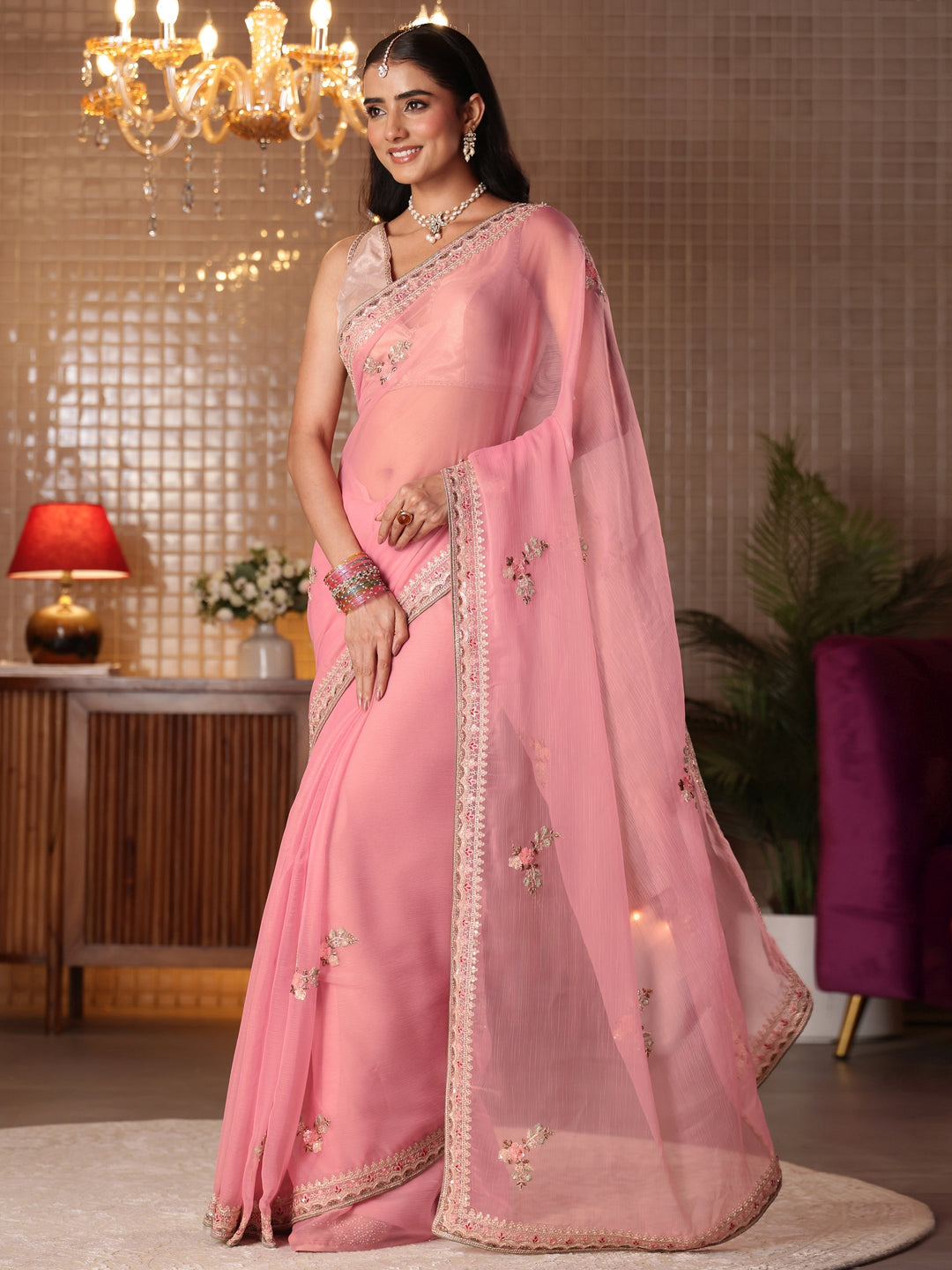 Libas Pink Floral Embroidered Silk Blend Saree