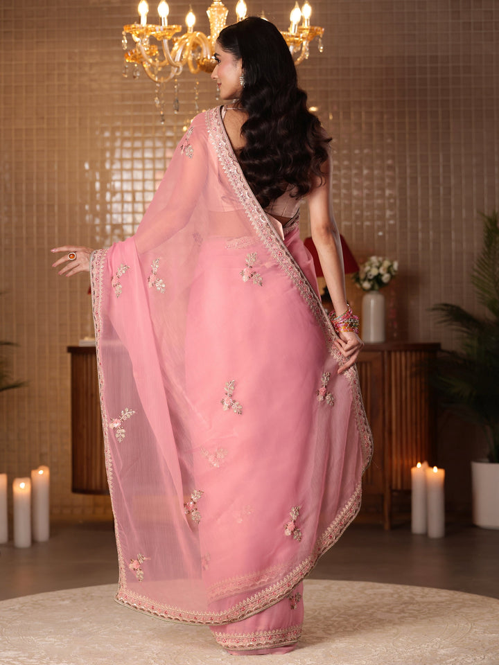 Libas Pink Floral Embroidered Silk Blend Saree