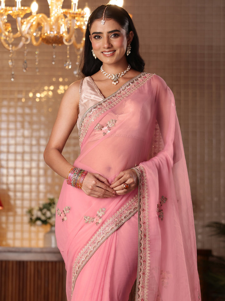 Libas Pink Floral Embroidered Silk Blend Saree
