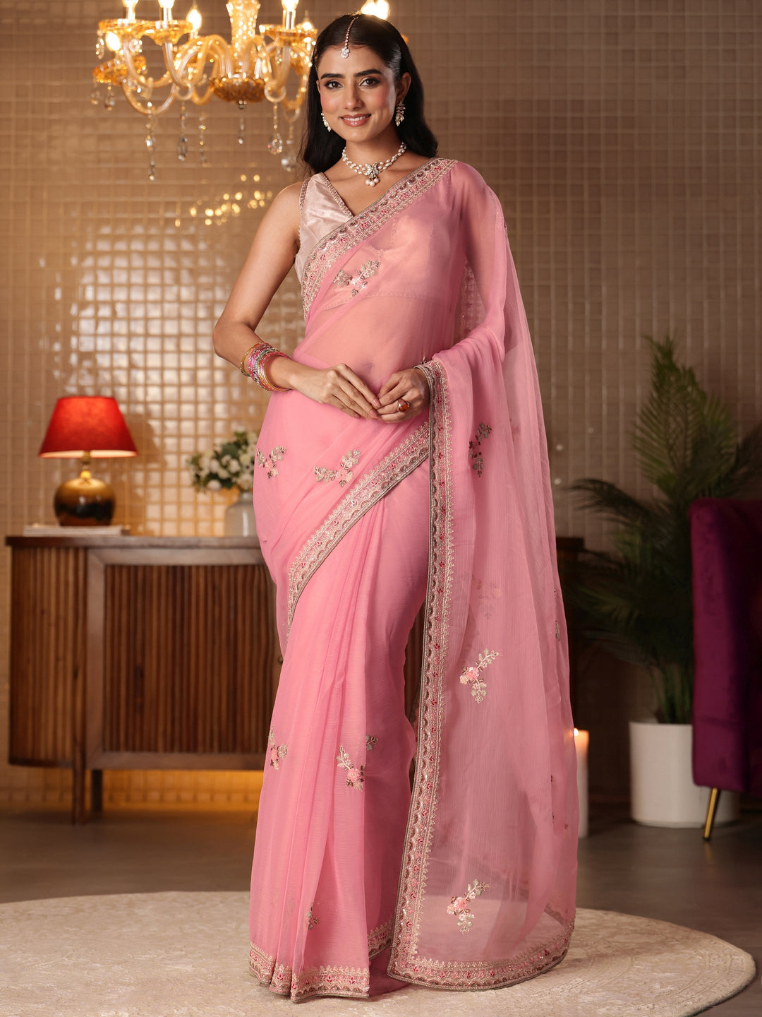 Libas Pink Floral Embroidered Silk Blend Saree