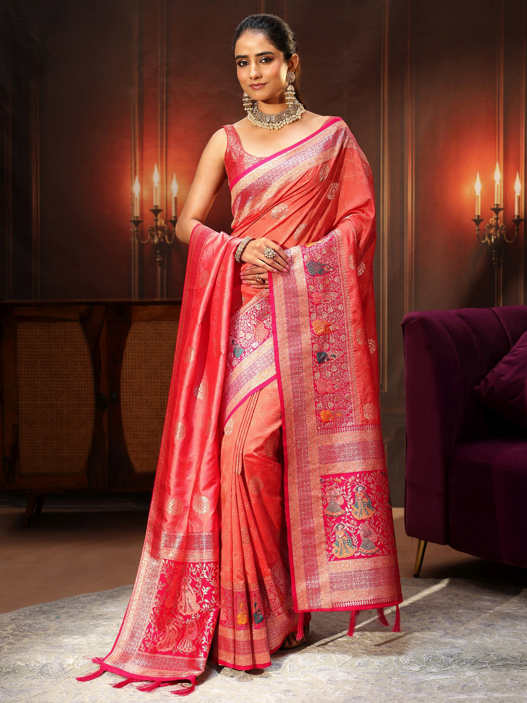 Libas Coral Pink Banarasi Silk Blend Saree