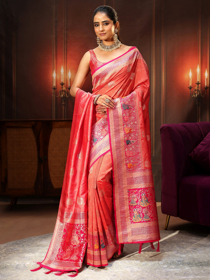 Libas Coral Pink Banarasi Silk Blend Saree
