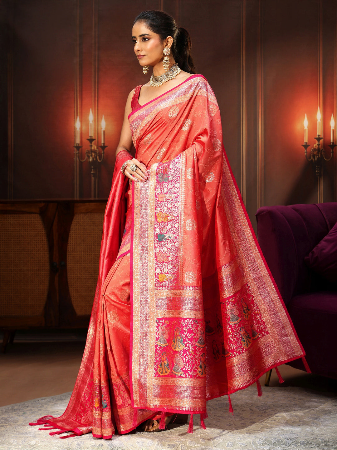 Libas Coral Pink Banarasi Silk Blend Saree