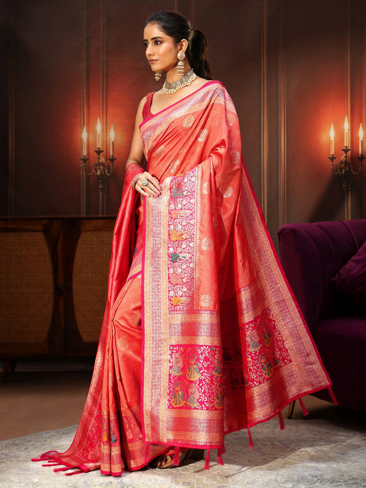 Libas Coral Pink Banarasi Silk Blend Saree