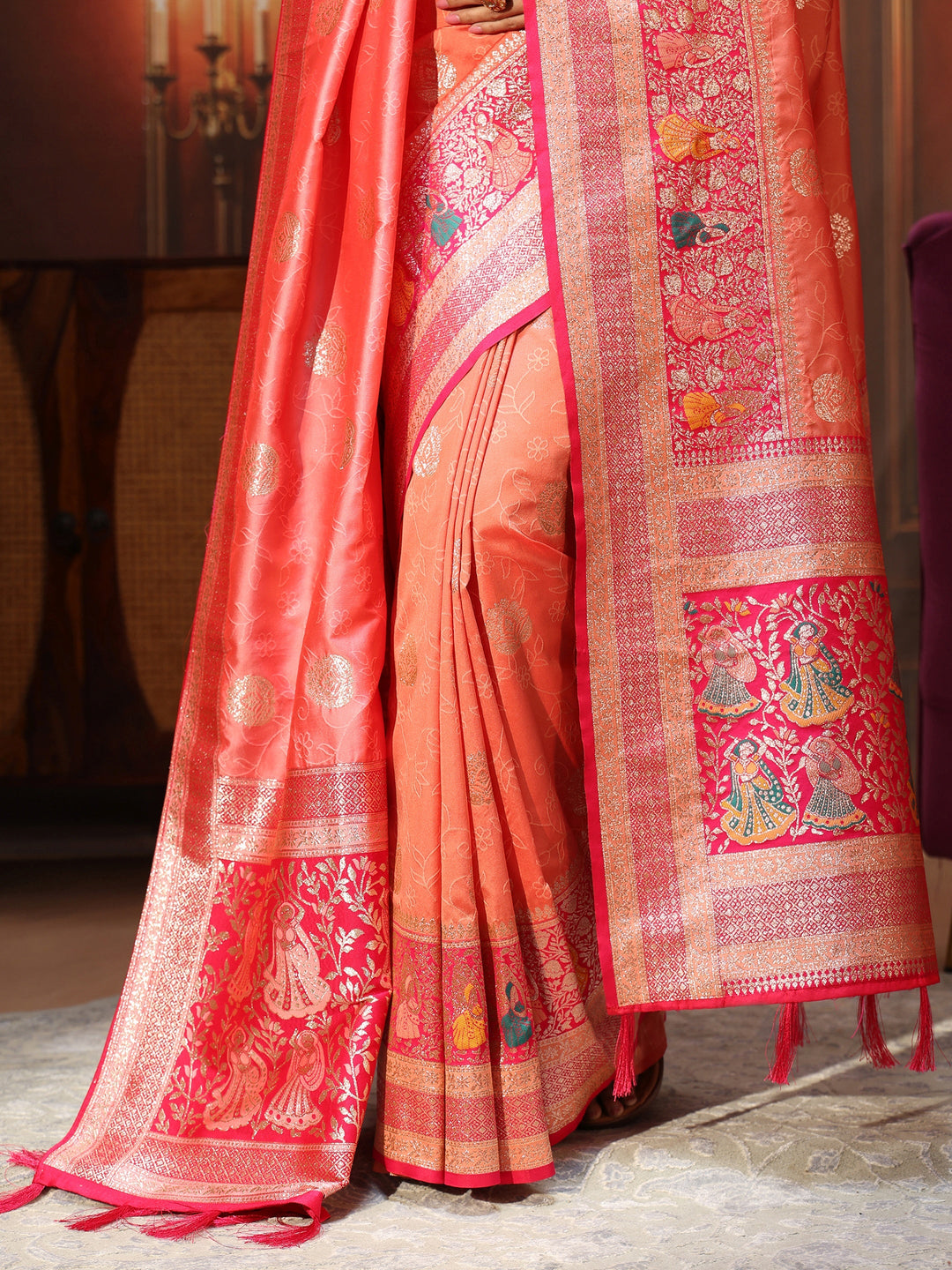 Libas Coral Pink Banarasi Silk Blend Saree
