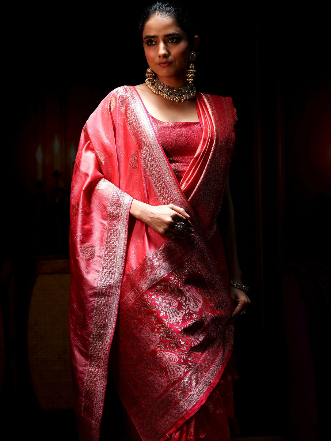 Libas Coral Pink Banarasi Silk Blend Saree