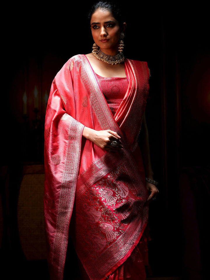 Libas Coral Pink Banarasi Silk Blend Saree