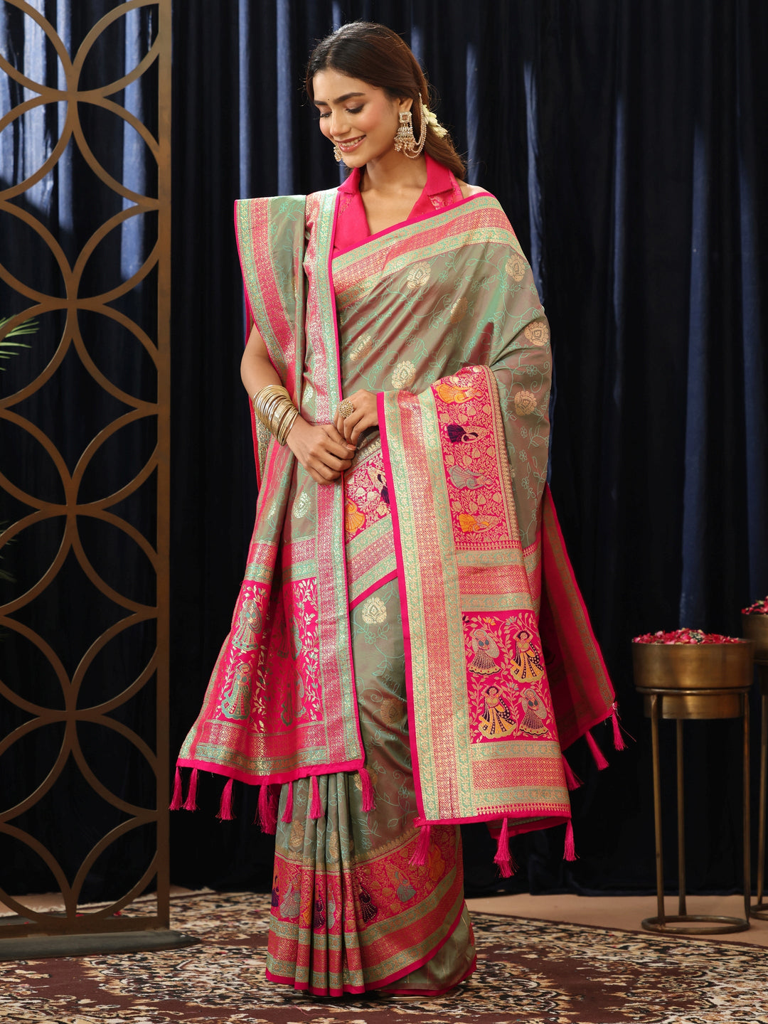 Libas Grey Baluchari Silk Blend Saree with Dupatta
