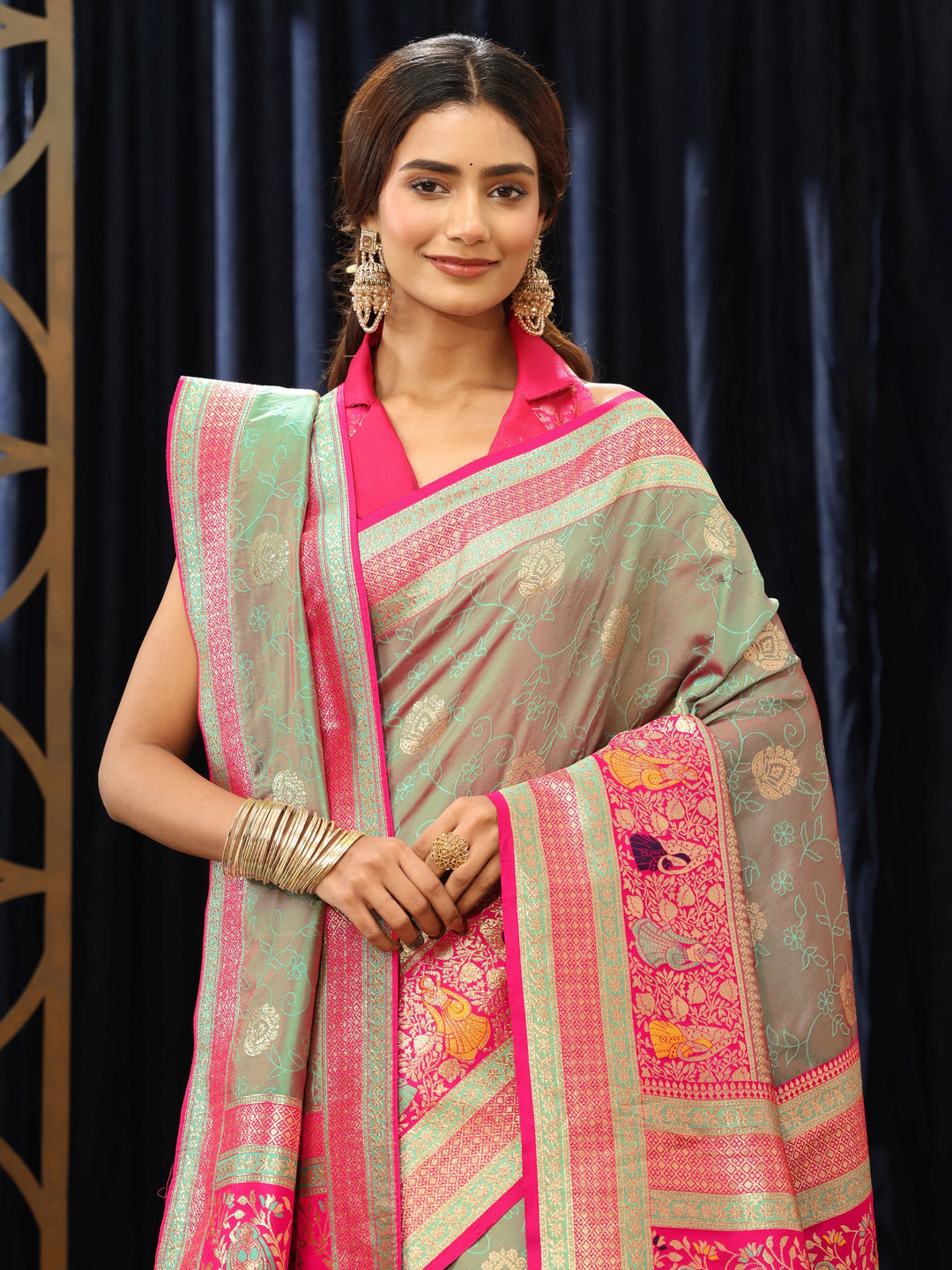 Libas Grey Baluchari Silk Blend Saree with Dupatta