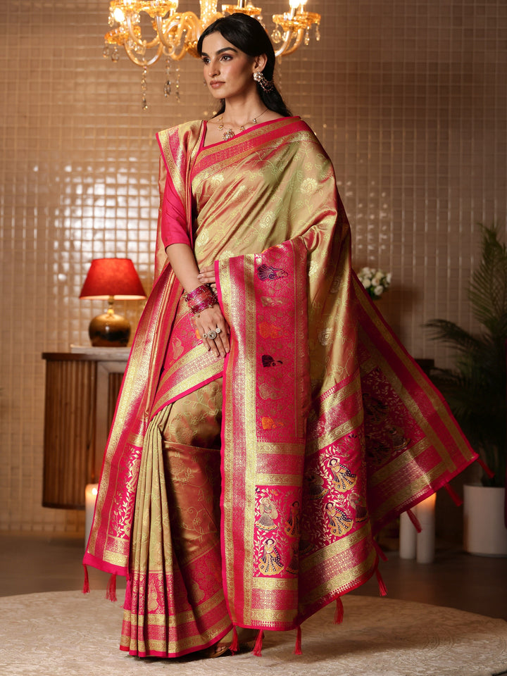 Libas Mustard Floral Woven Design Silk Blend Saree