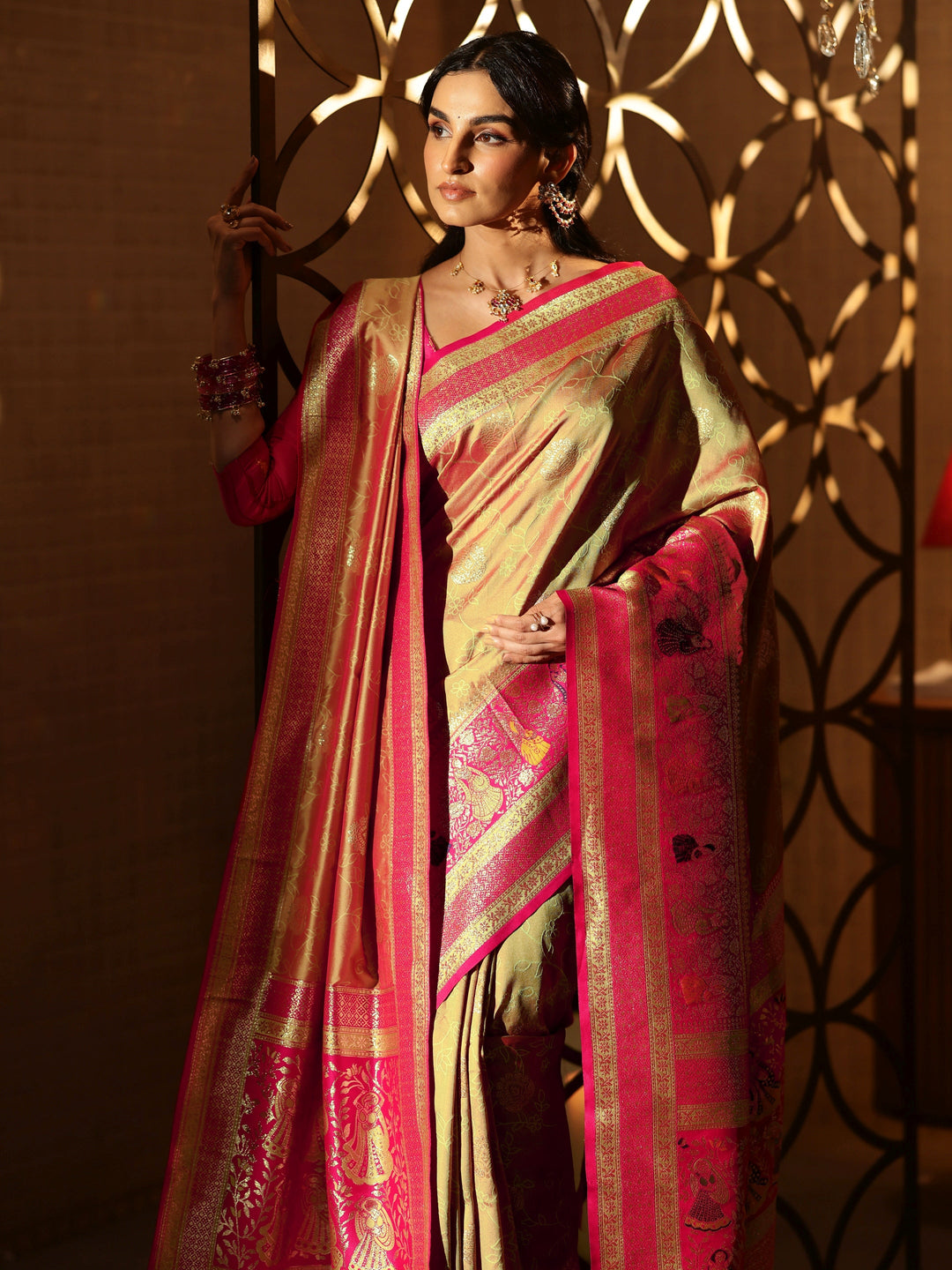 Libas Mustard Floral Woven Design Silk Blend Saree