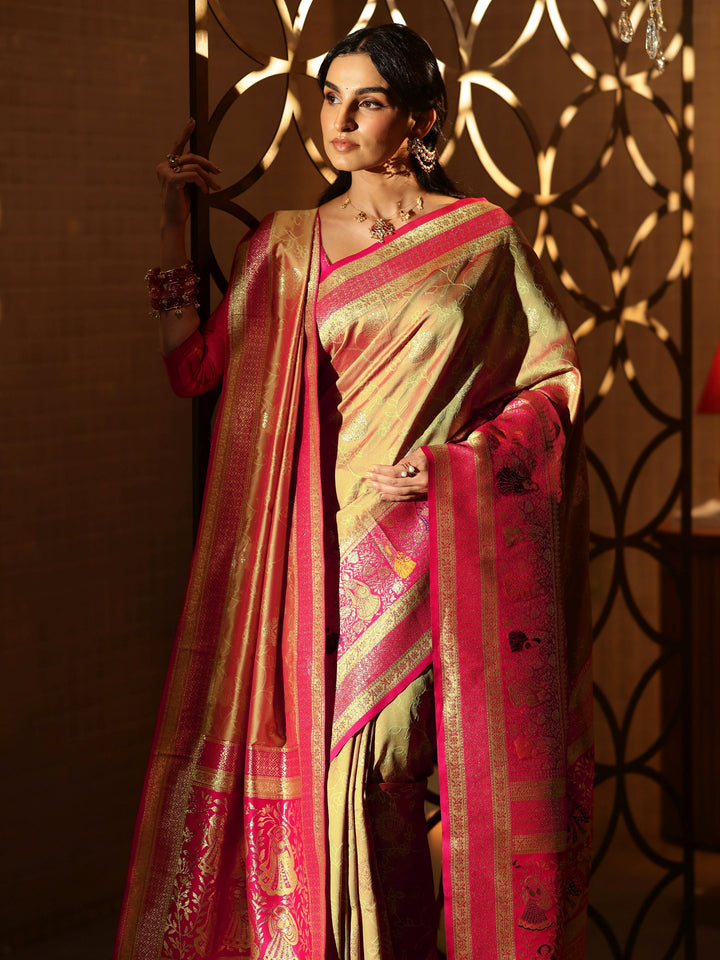 Libas Mustard Floral Woven Design Silk Blend Saree