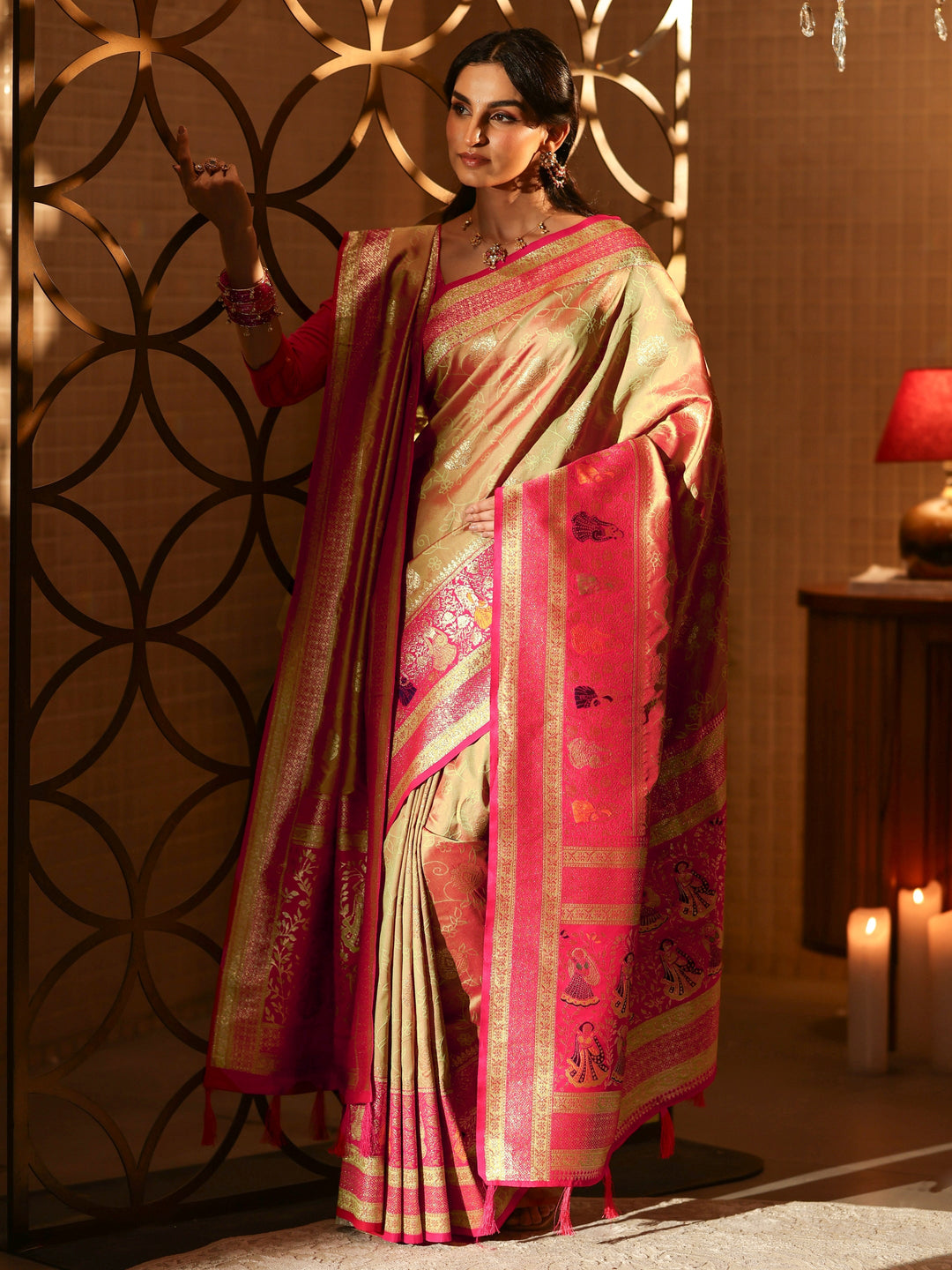 Libas Mustard Floral Woven Design Silk Blend Saree