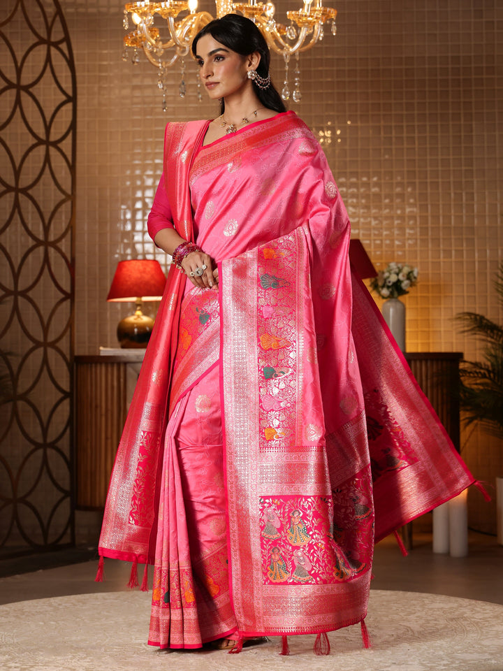 Libas Pink Floral Woven Design Silk Blend Saree