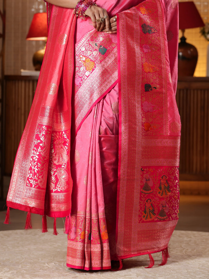 Libas Pink Floral Woven Design Silk Blend Saree