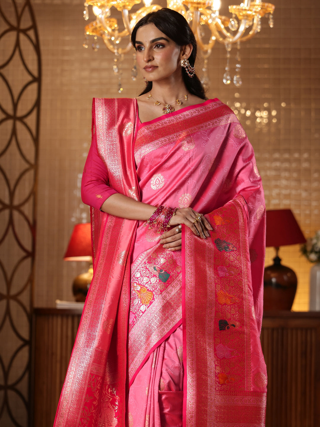 Libas Pink Floral Woven Design Silk Blend Saree