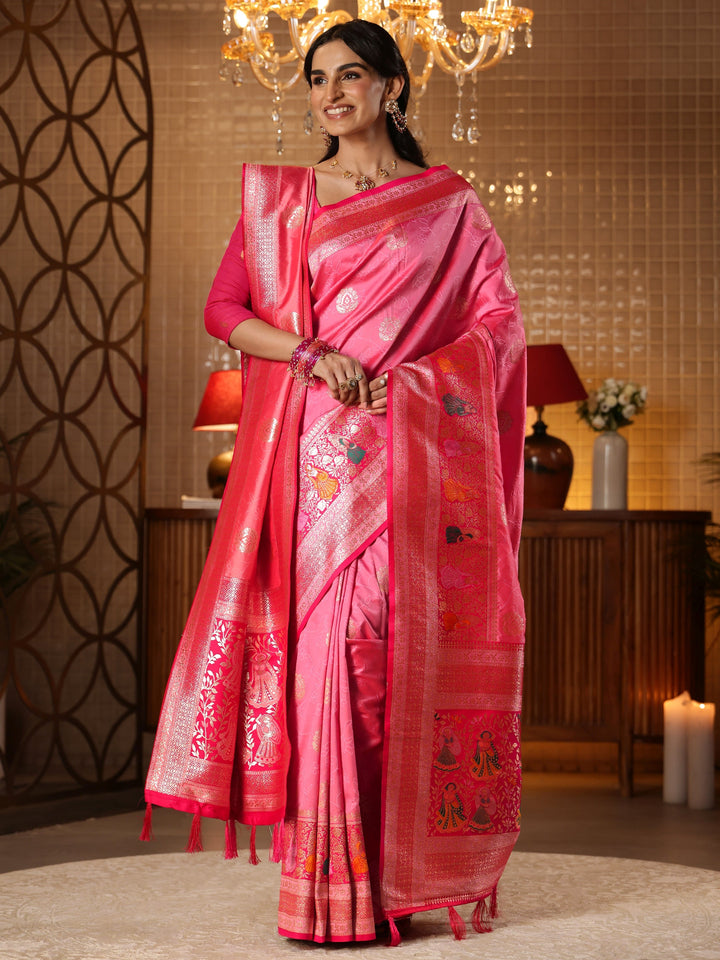 Libas Pink Floral Woven Design Silk Blend Saree