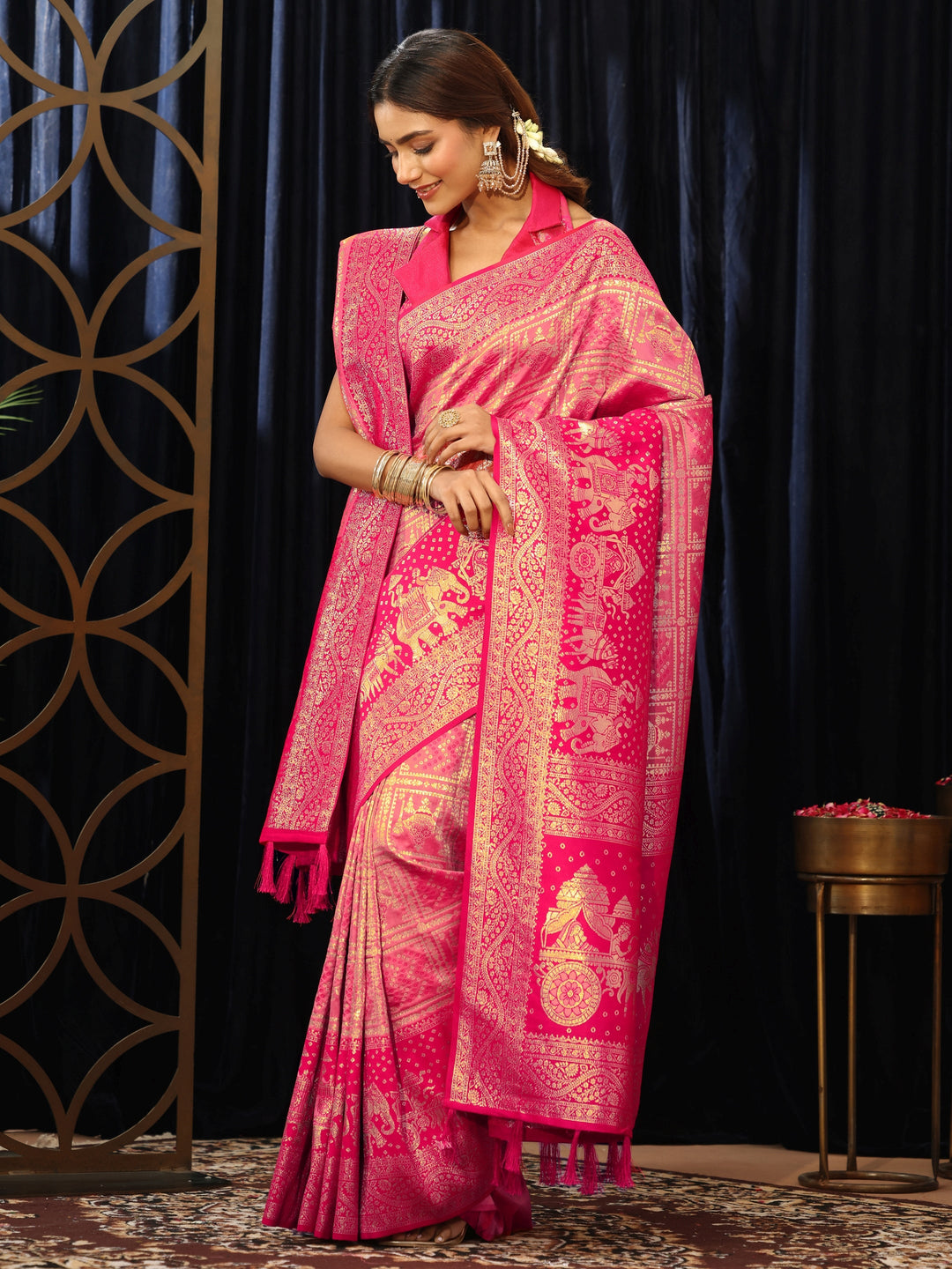 Libas Hot Pink Gharchola Silk Blend Saree with Dupatta