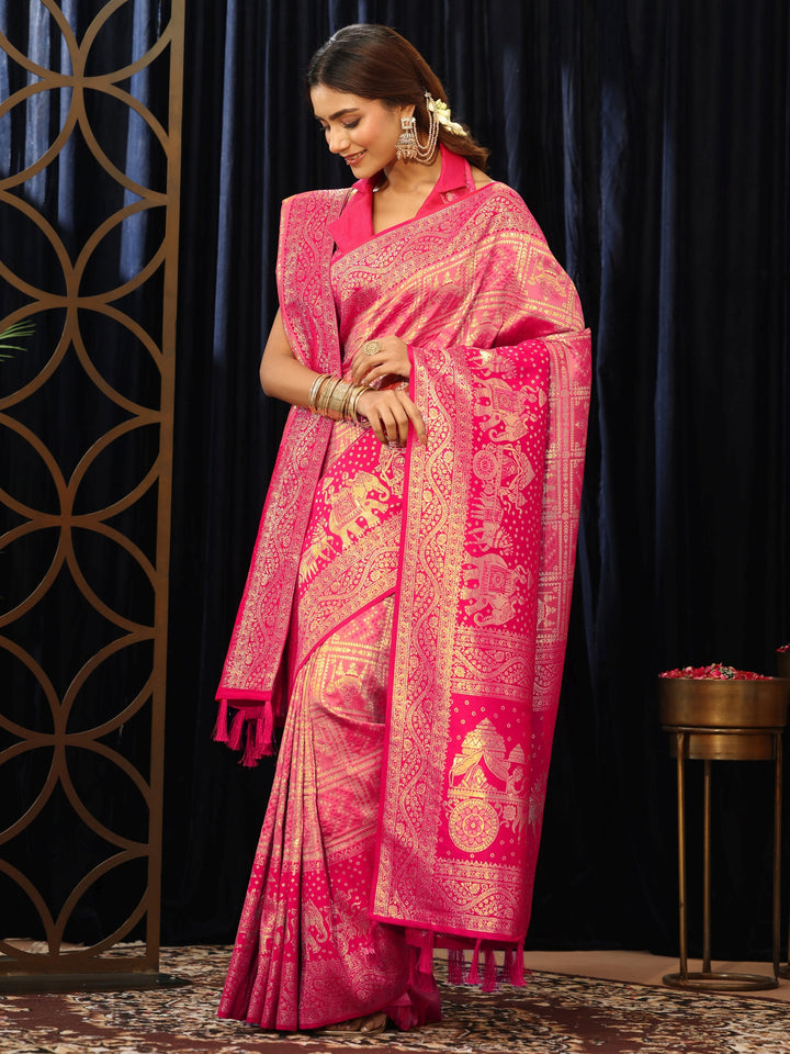 Libas Hot Pink Gharchola Silk Blend Saree with Dupatta