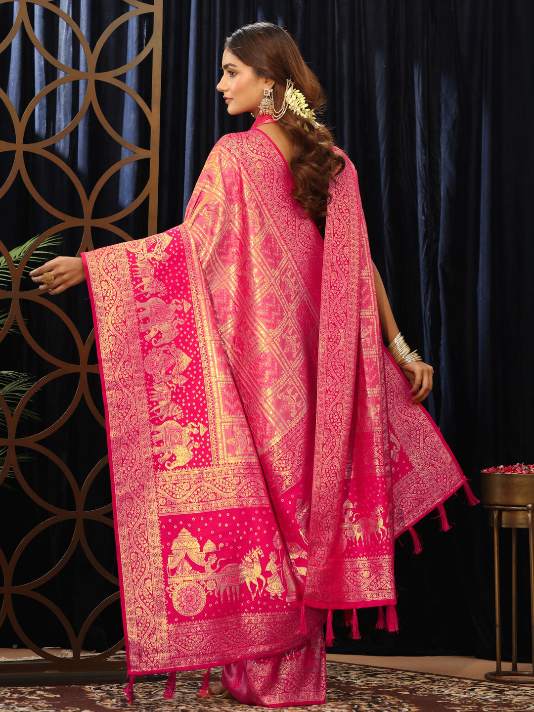Libas Hot Pink Gharchola Silk Blend Saree with Dupatta