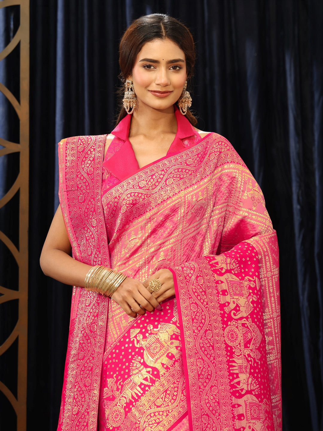 Libas Hot Pink Gharchola Silk Blend Saree with Dupatta