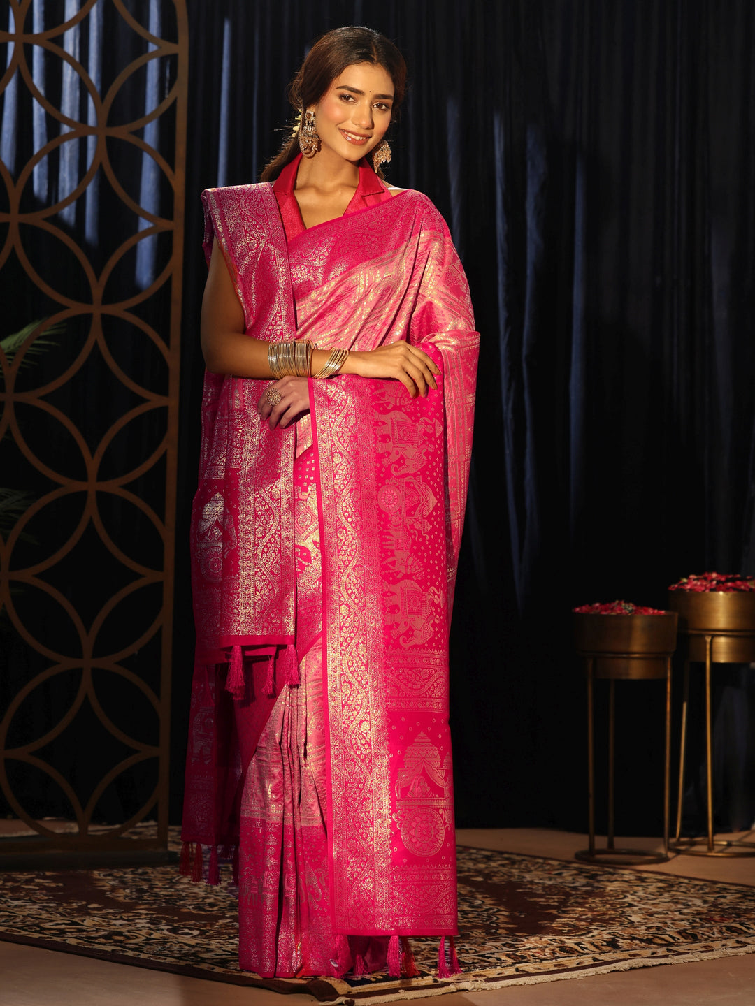 Libas Hot Pink Gharchola Silk Blend Saree with Dupatta