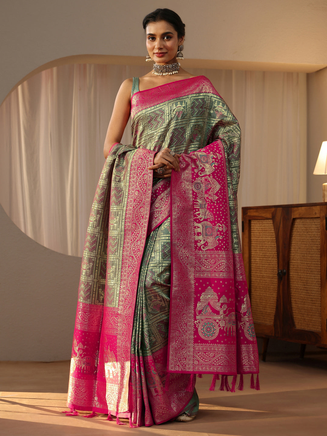 Libas Grey Gharchola Silk Blend Saree