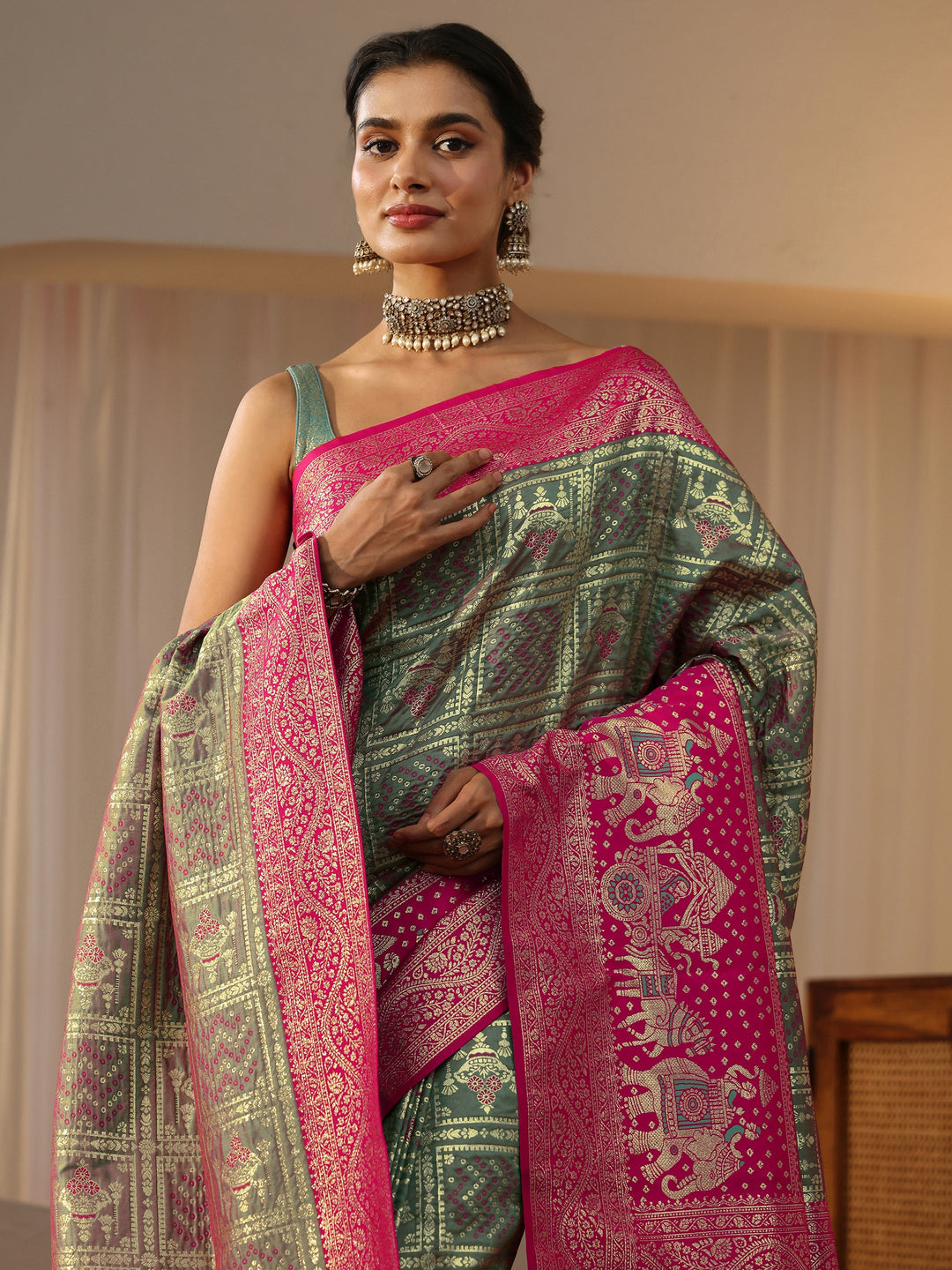 Libas Grey Gharchola Silk Blend Saree