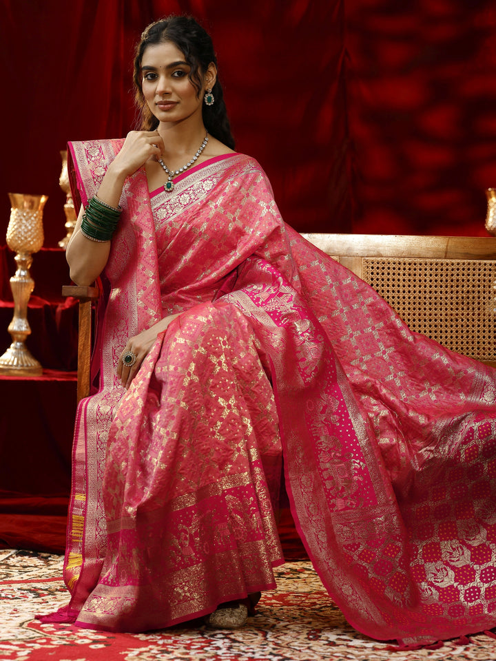 Libas Peach Badhani Woven Design Silk Blend Saree with dupatta