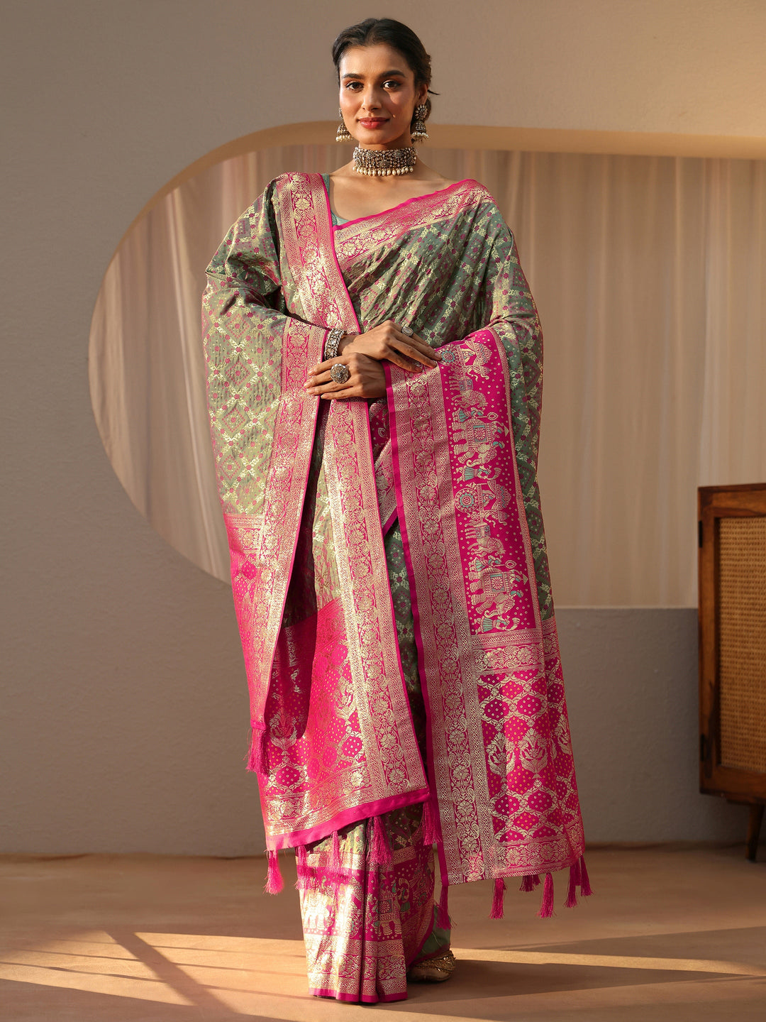 Libas Grey Gharchola Silk Blend Saree