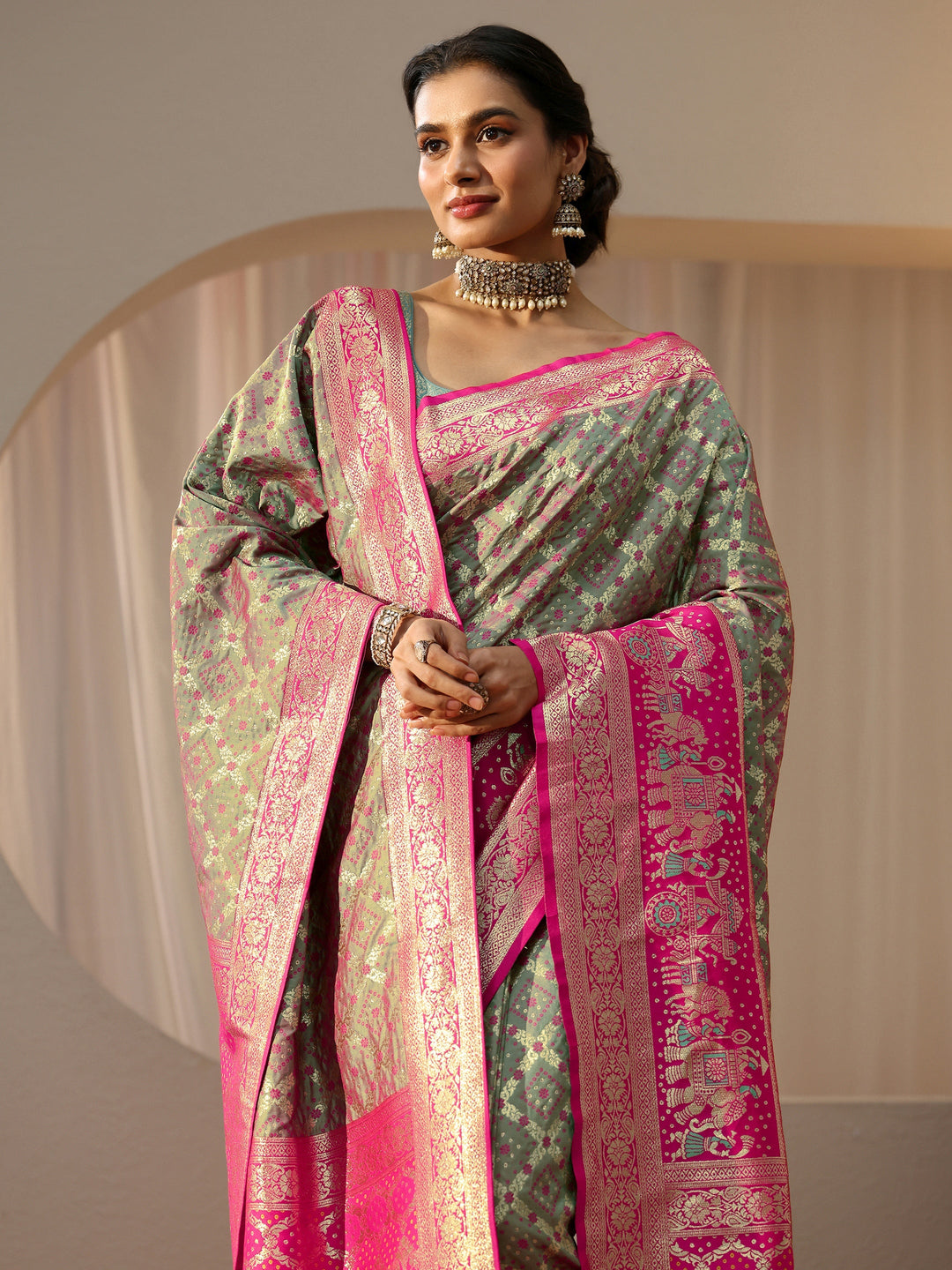 Libas Grey Gharchola Silk Blend Saree