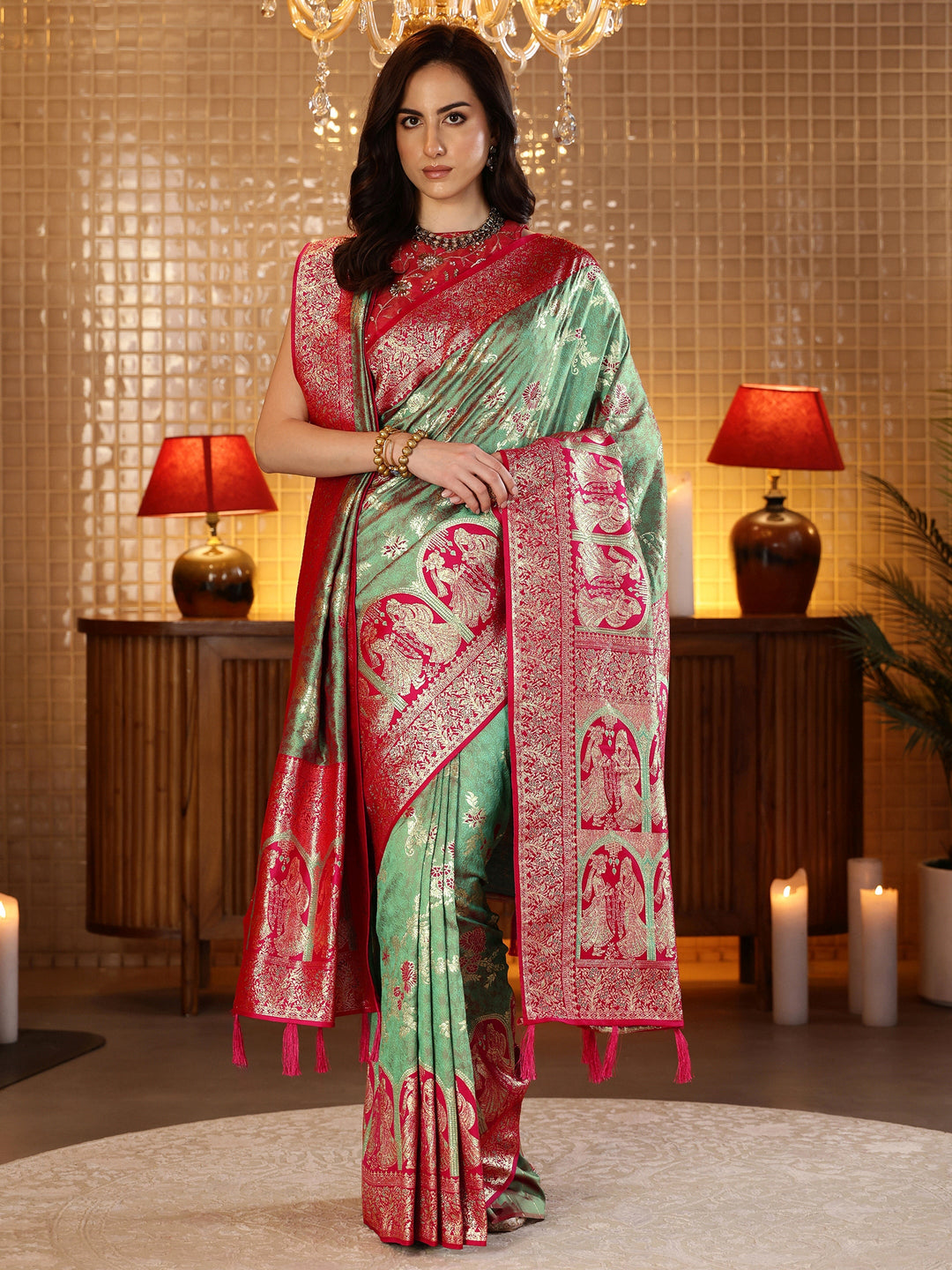 Libas Sage Green Baluchari Silk Blend Saree with Dupatta