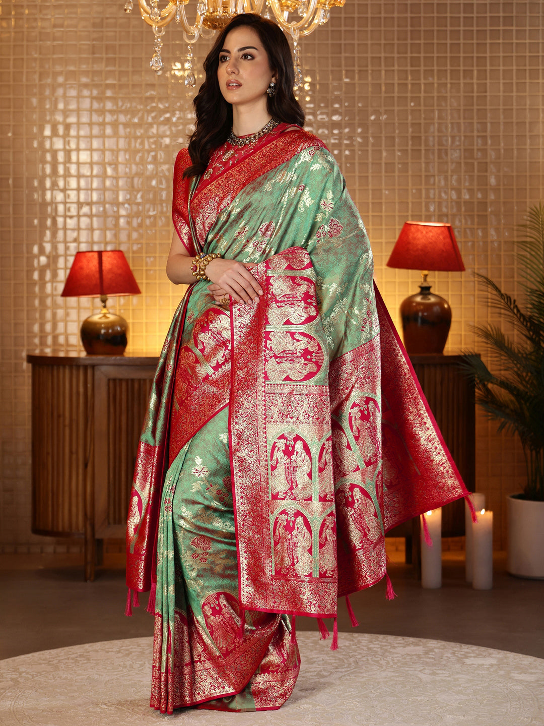 Libas Sage Green Baluchari Silk Blend Saree with Dupatta