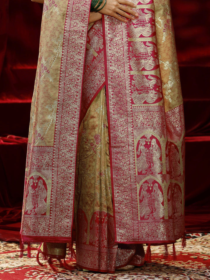 Libas Mustard Floral Woven Design Silk Blend Saree with dupatta