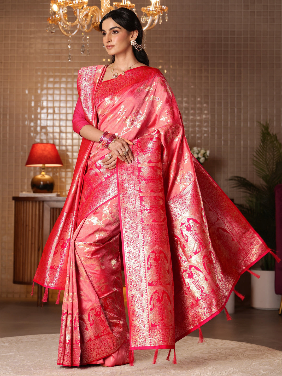 Libas Peach Floral Woven Design Silk Blend Saree