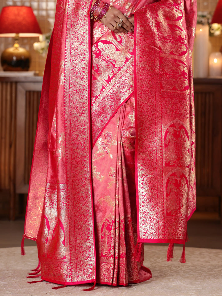 Libas Peach Floral Woven Design Silk Blend Saree