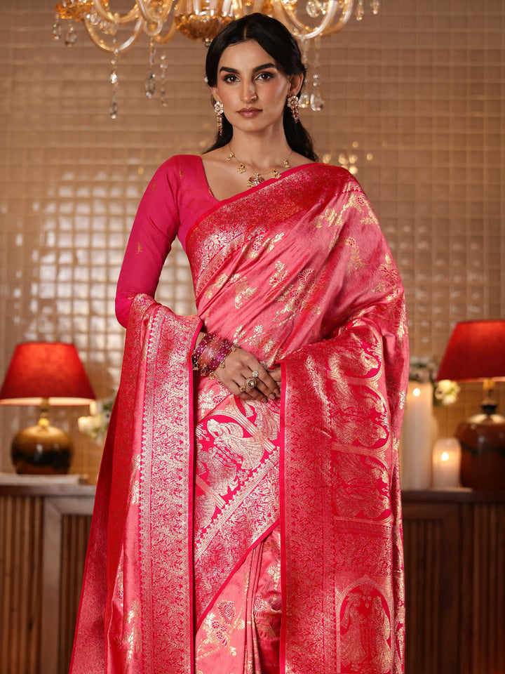 Libas Peach Floral Woven Design Silk Blend Saree