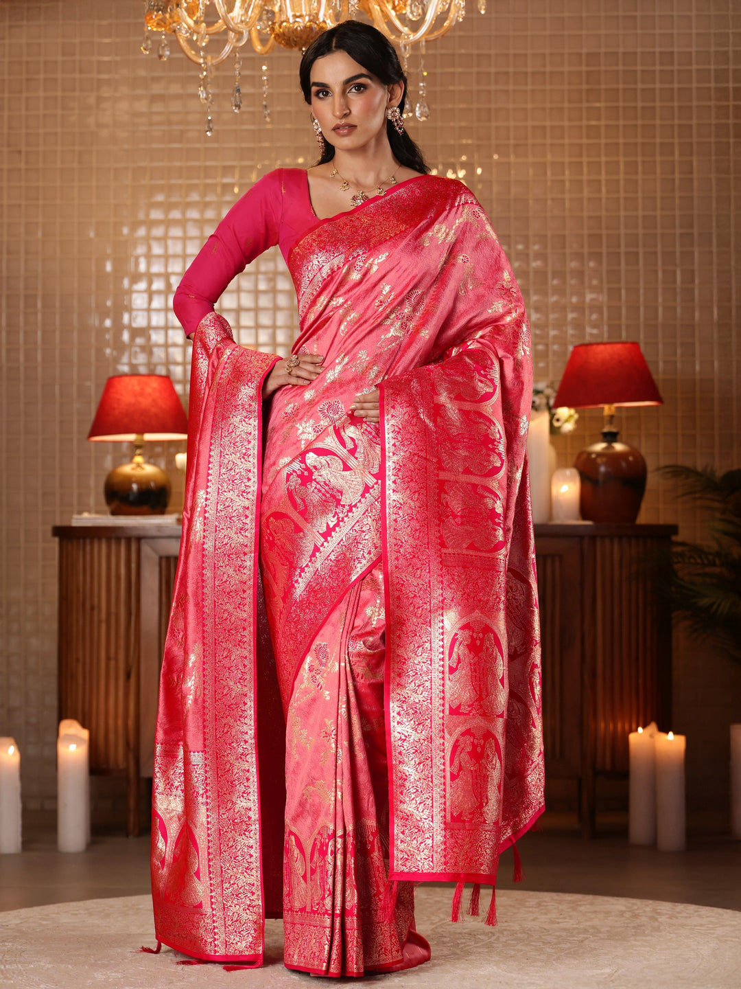 Libas Peach Floral Woven Design Silk Blend Saree