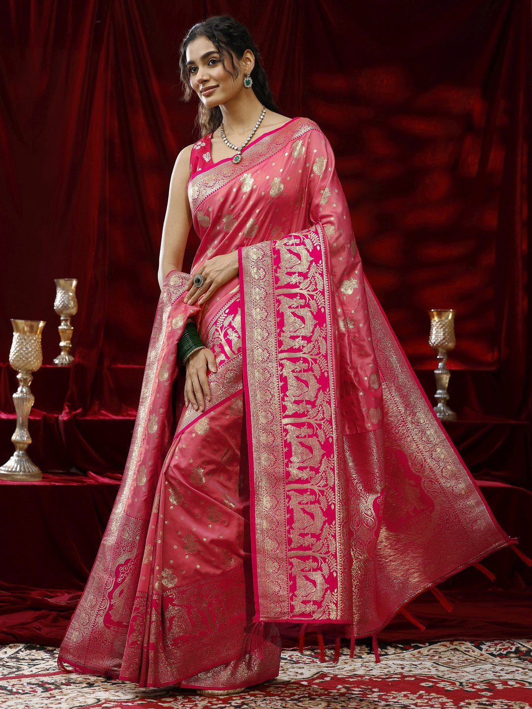 Libas Peach Ethnic Motif Woven Design Silk Blend Saree with dupatta