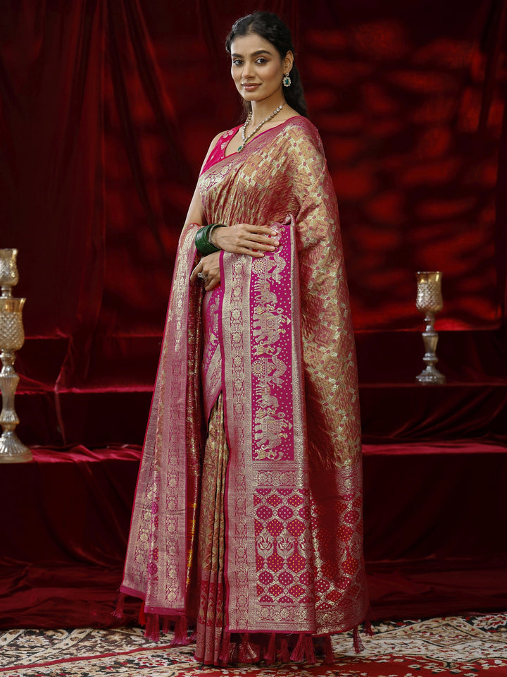 Libas Mustard Ethnic Motif Woven Design Silk Blend Saree with dupatta