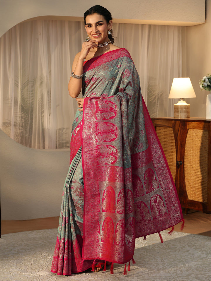 Libas Dusty Blue Baluchari Silk Blend Saree