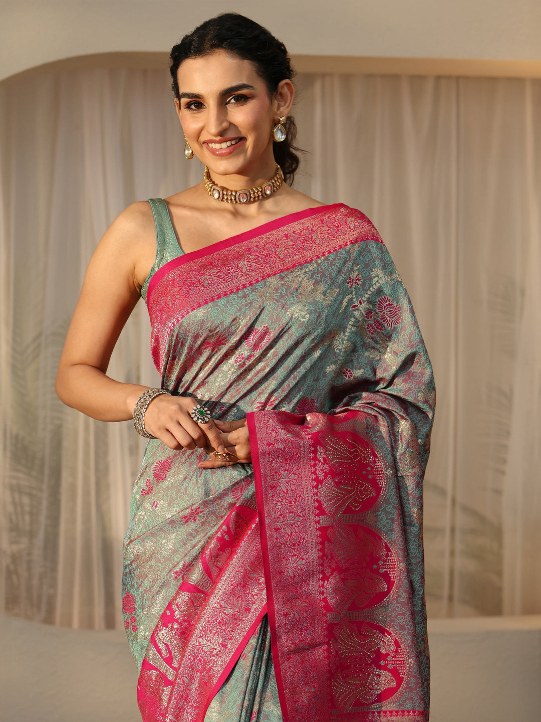 Libas Dusty Blue Baluchari Silk Blend Saree
