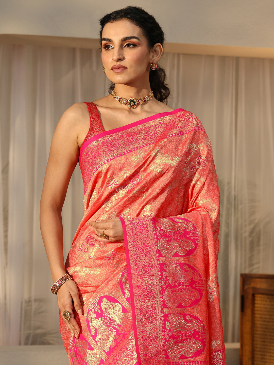 Libas Peach Baluchari Silk Blend Saree