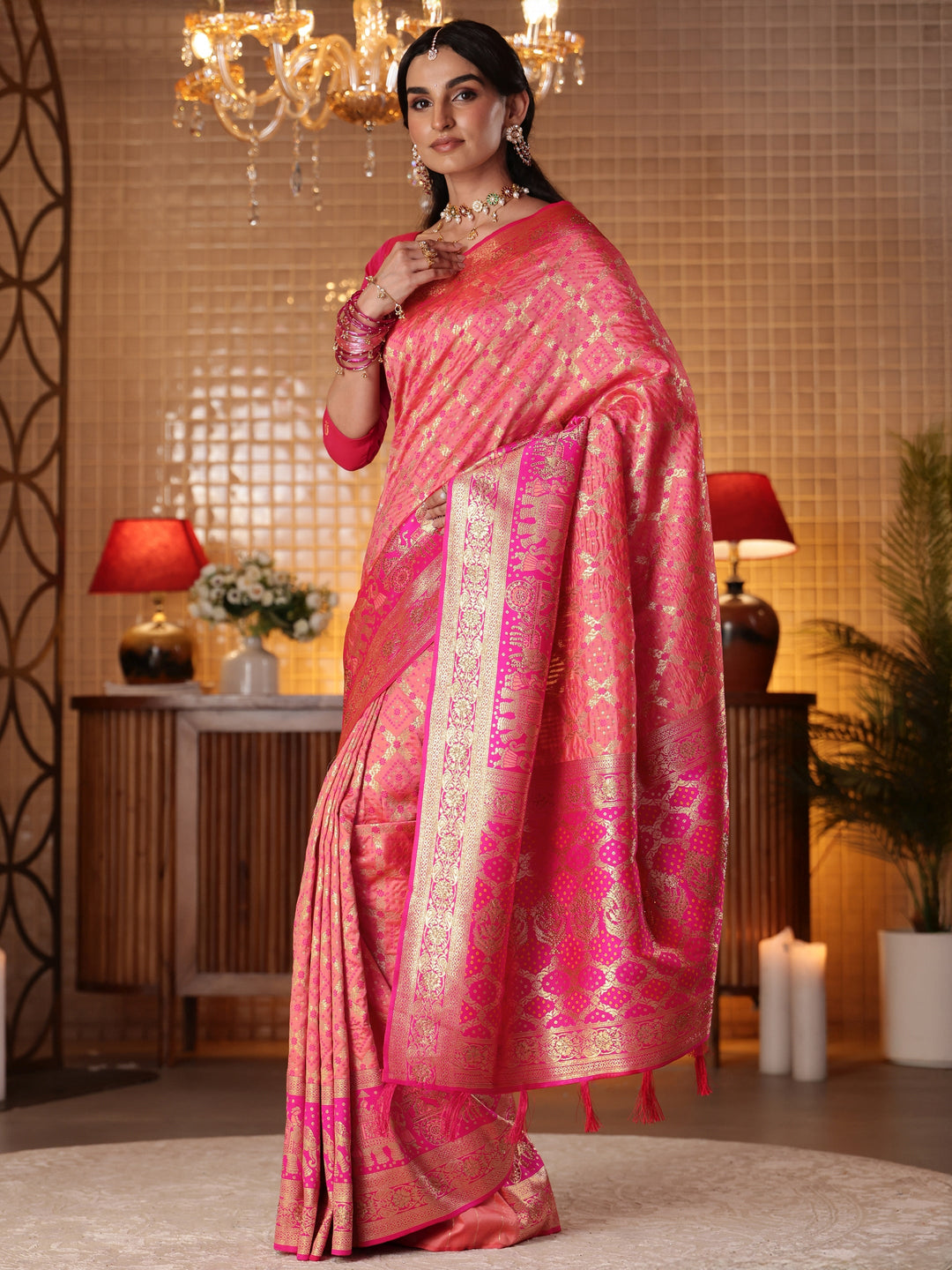 Libas Peach Bandhani Woven Design Silk Blend Saree
